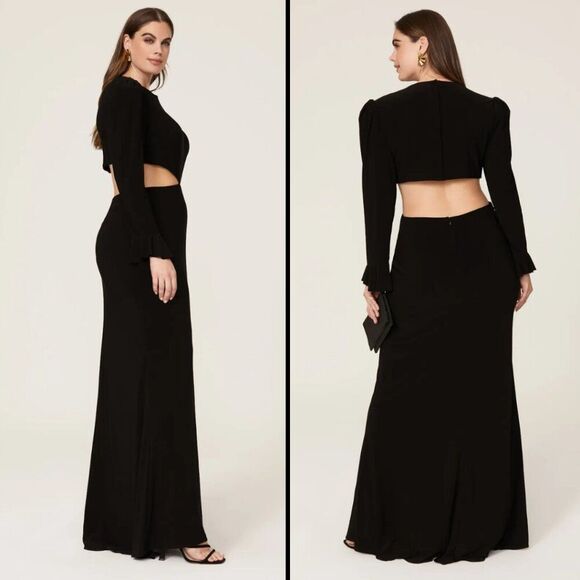 NEW $398 Mac Duggal Size 6 Black Puff Long Bell Sleeve Cut Out‎ Maxi Gown Dress - Picture 3 of 4